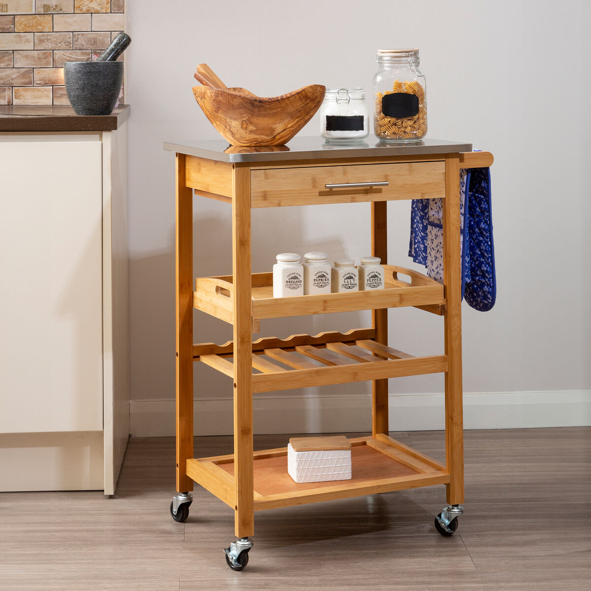 Natural Bamboo One Drawer Kitchen Trolley with Stainless Steel Worktop, Harlow