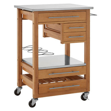 Natural Bamboo Four Drawer Kitchen Trolley with Stainless Steel Worktop, Harlow