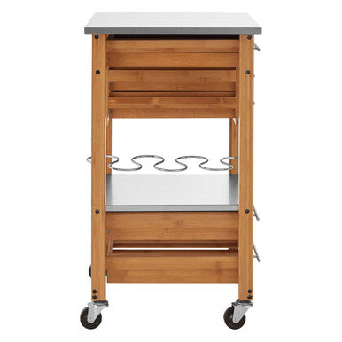 Natural Bamboo Four Drawer Kitchen Trolley with Stainless Steel Worktop, Harlow