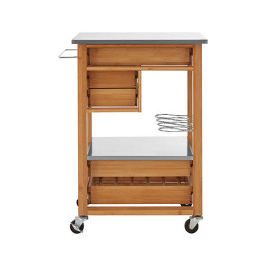 Natural Bamboo Four Drawer Kitchen Trolley with Stainless Steel Worktop, Harlow