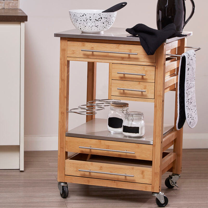 Natural Bamboo Four Drawer Kitchen Trolley with Stainless Steel Worktop, Harlow