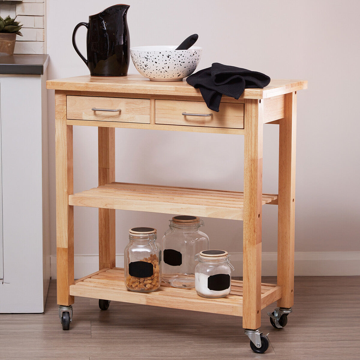 Brown Tropical Hevea Wood Kitchen Trolley with Storage Drawers, Harlow Glenn