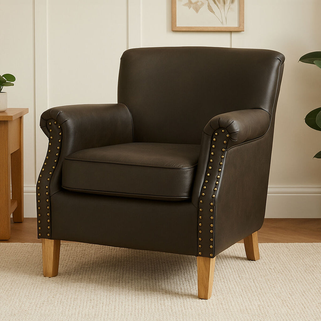 Trinity Brown Faux Leather Armchair with Metal Stud Detail
