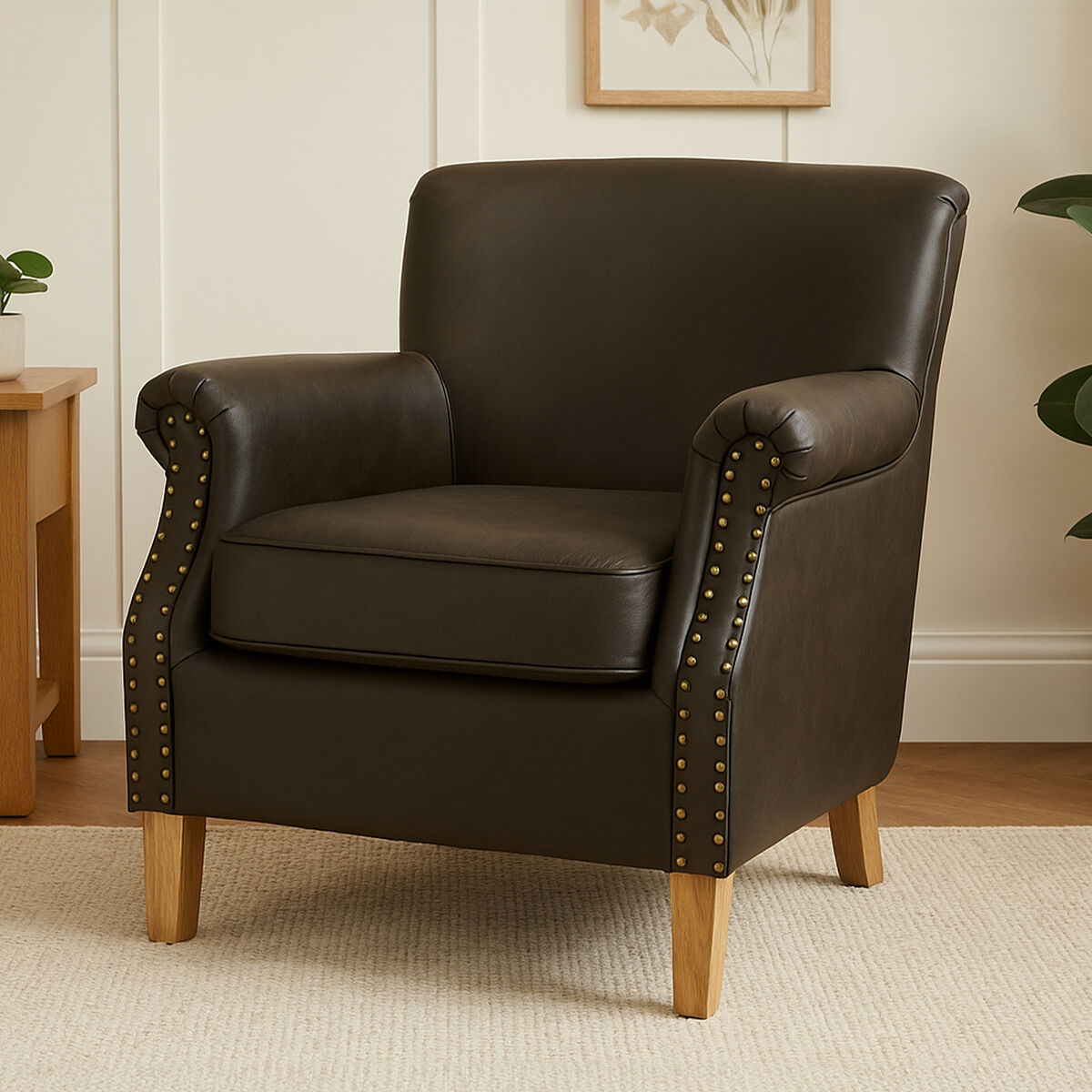 Trinity Brown Faux Leather Armchair with Metal Stud Detail