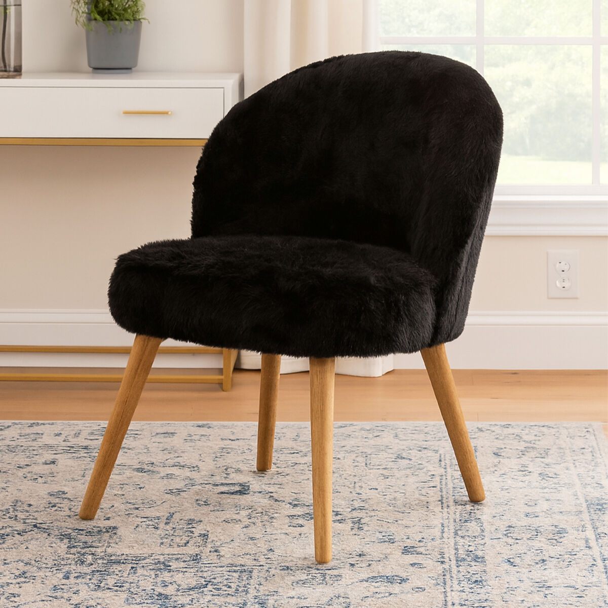 Cabaret Black Faux Fur Chair with Wooden Legs