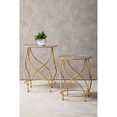 Round White Mirror Tops Nesting Side Tables with Gold Curved Metal Leg, Marcia