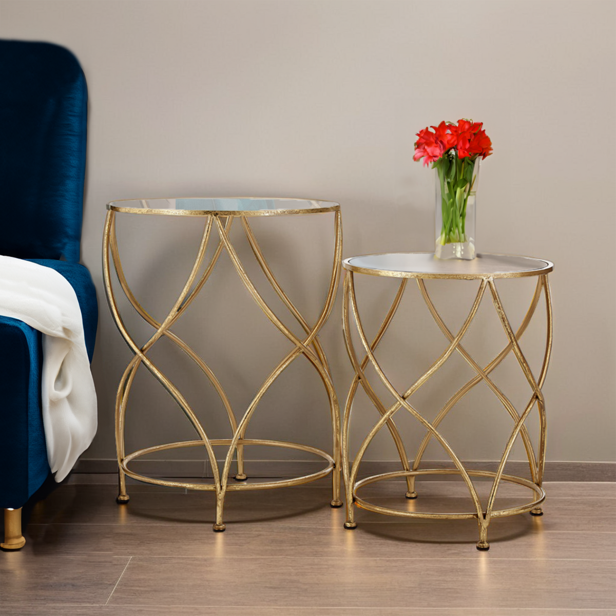 Round White Mirror Tops Nesting Side Tables with Gold Curved Metal Leg, Marcia
