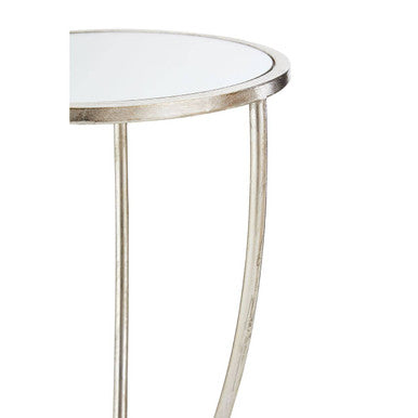 Mirrored Glass Top Side Table with Bowed Silver Metal Legs, Marcia