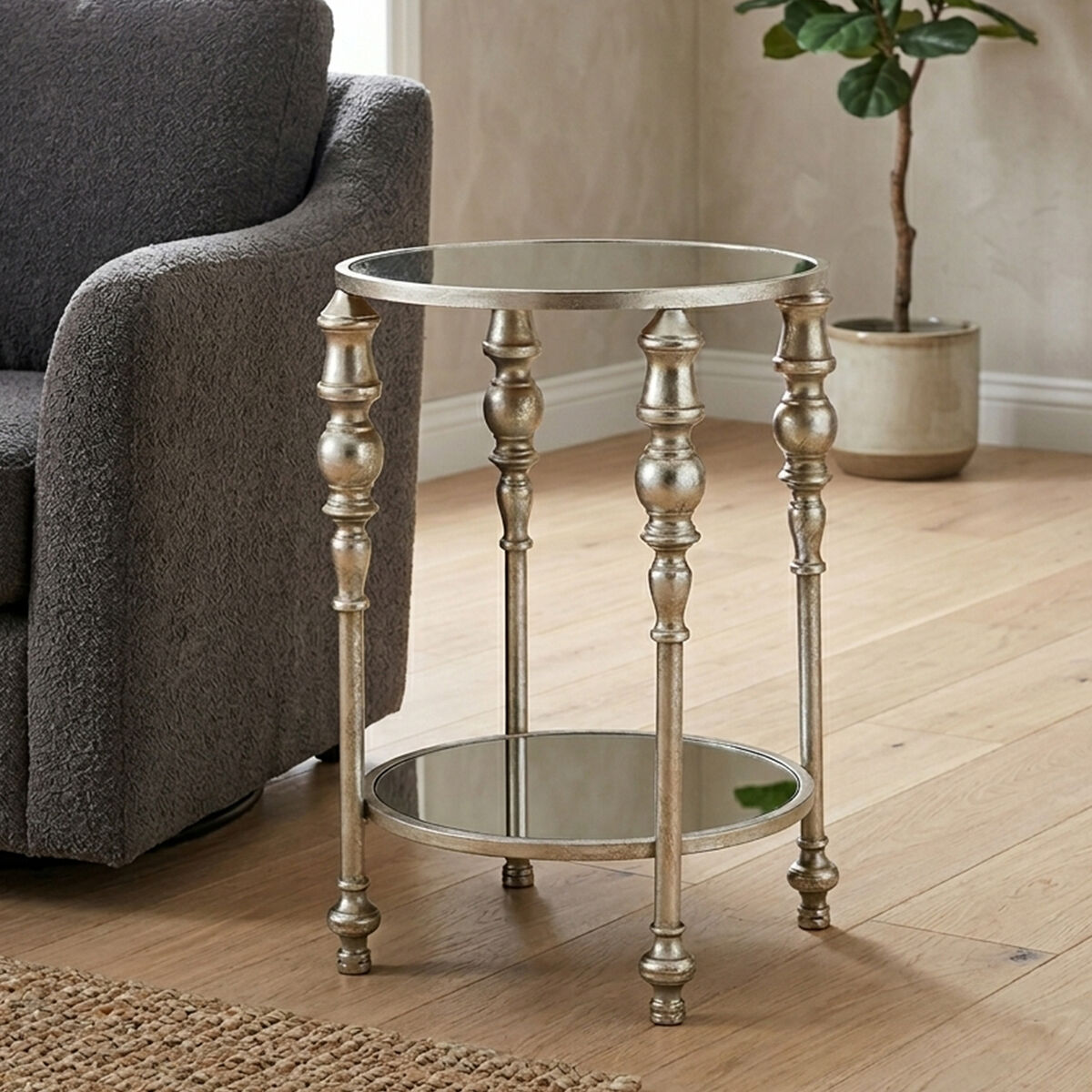 Mirrored Glass Top Two-Tier Side Table with Silver Metal Legs | Marcia