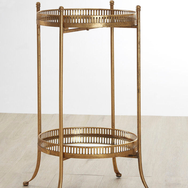 Gold Finish Mirrored Tray Table with 2 Removable Trays and Lattice Detail Iron Frame, Reza