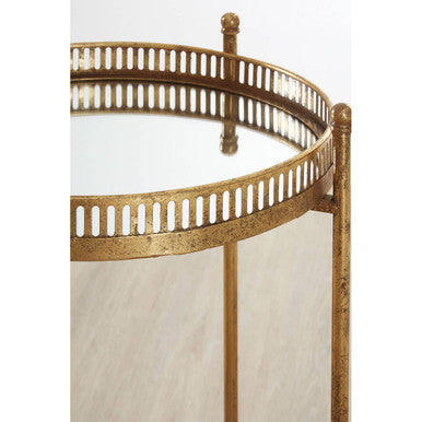 Gold Finish Mirrored Tray Table with 2 Removable Trays and Lattice Detail Iron Frame, Reza