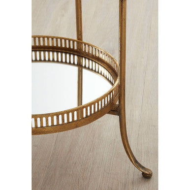 Gold Finish Mirrored Tray Table with 2 Removable Trays and Lattice Detail Iron Frame, Reza