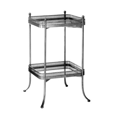Antique Silver Finish Mirrored Tray Table with 2 Removable Trays and Lattice Detail Iron Frame, Reza