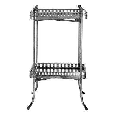 Antique Silver Finish Mirrored Tray Table with 2 Removable Trays and Lattice Detail Iron Frame, Reza