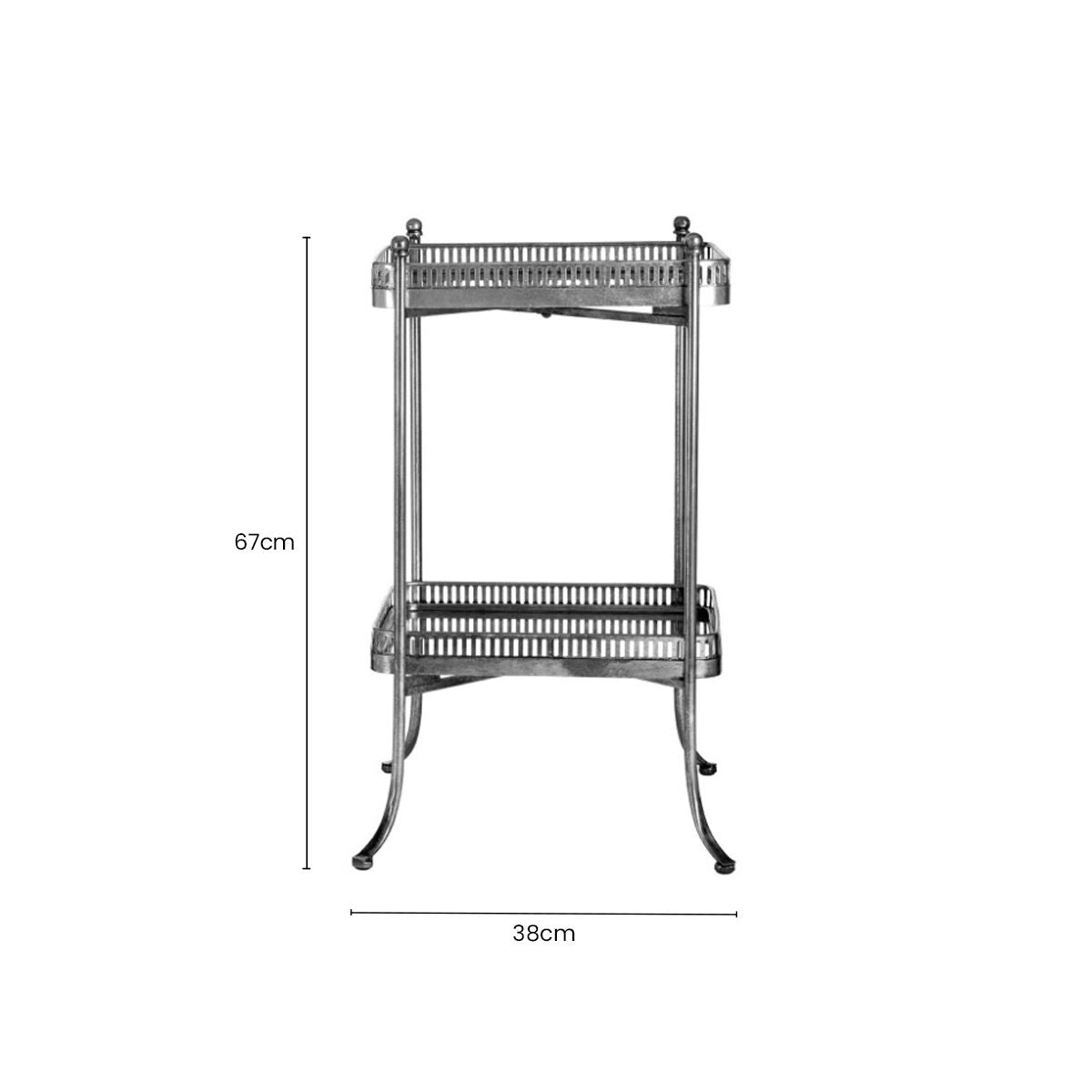 Antique Silver Finish Mirrored Tray Table with 2 Removable Trays and Lattice Detail Iron Frame, Reza