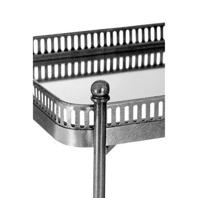 Antique Silver Finish Mirrored Tray Table with 2 Removable Trays and Lattice Detail Iron Frame, Reza
