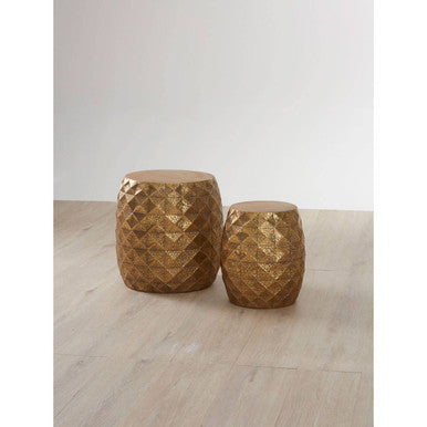 Set of 2 Antique Gold Textured Stools and Table, Reza