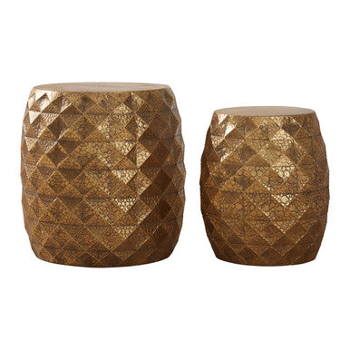 Set of 2 Antique Gold Textured Stools and Table, Reza