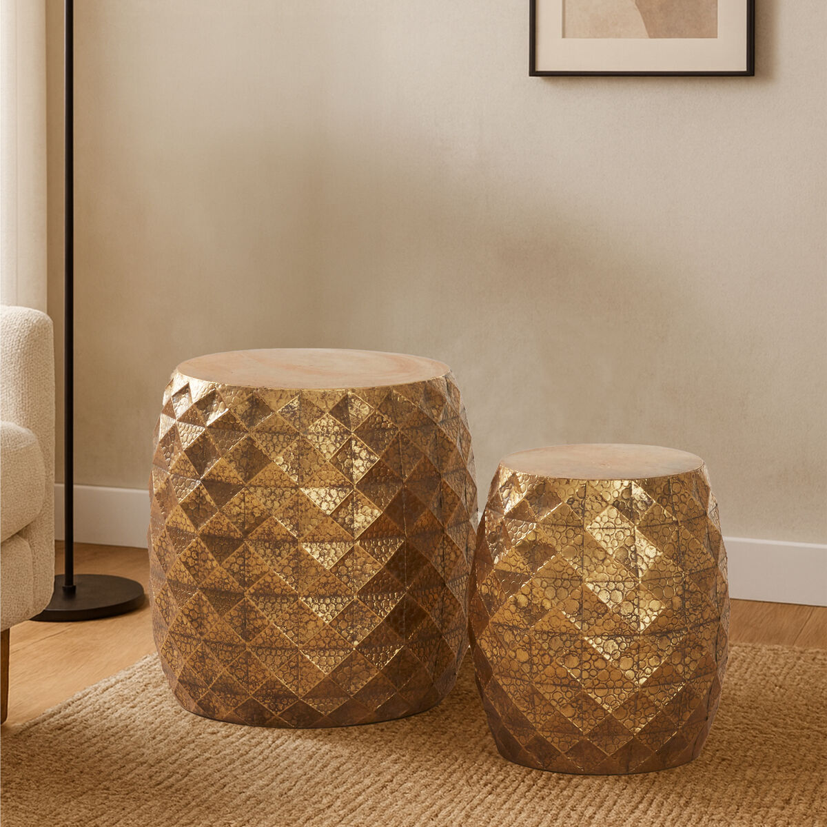 Set of 2 Antique Gold Textured Stools and Table, Reza