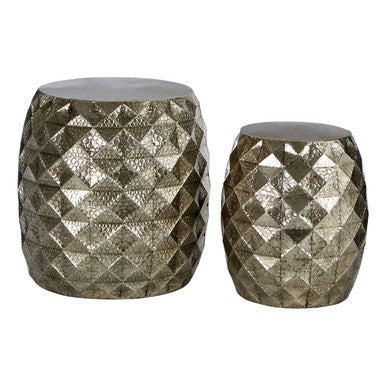 Set of 2 Silver Finish Textured Stool and Table, Reza