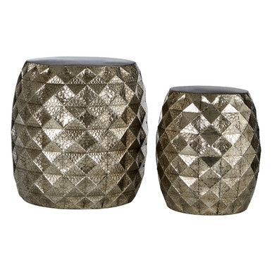 Set of 2 Silver Finish Textured Stool and Table, Reza