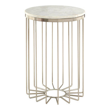 White Marble Top Side Table with Cage Design Iron Rod Base, Templar