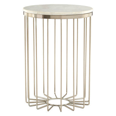 White Marble Top Side Table with Cage Design Iron Rod Base, Templar