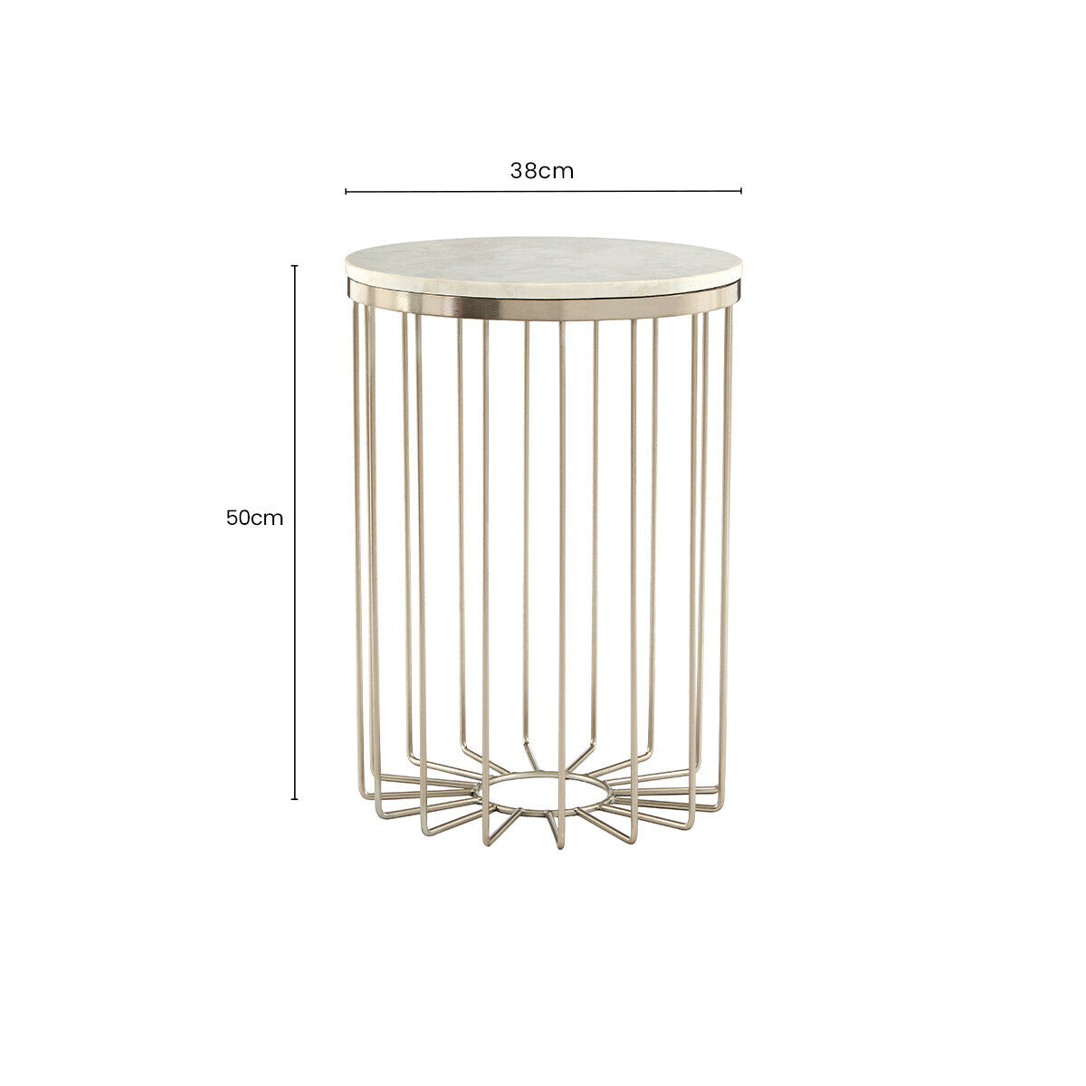 White Marble Top Side Table with Cage Design Iron Rod Base, Templar