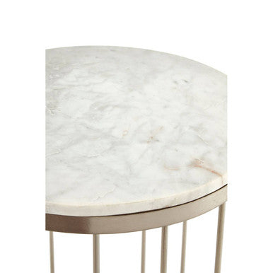 White Marble Top Side Table with Cage Design Iron Rod Base, Templar