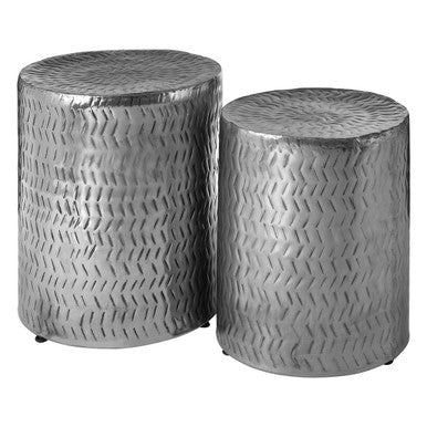 Set of 2 Antique Silver Nickel Finish Side Tables and Stools, Templar