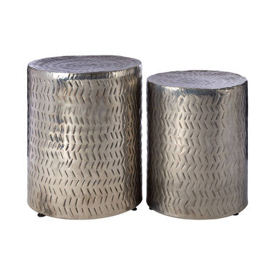 Set of 2 Antique Silver Nickel Finish Side Tables and Stools, Templar