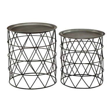 Set of Two Round Zinc Top Coffee Table Pair with Black Iron Cylindrical Bases, Templar