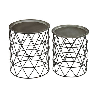 Set of Two Round Zinc Top Coffee Table Pair with Black Iron Cylindrical Bases, Templar