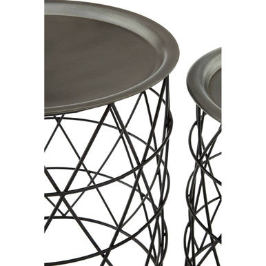 Set of Two Round Zinc Top Coffee Table Pair with Black Iron Cylindrical Bases, Templar