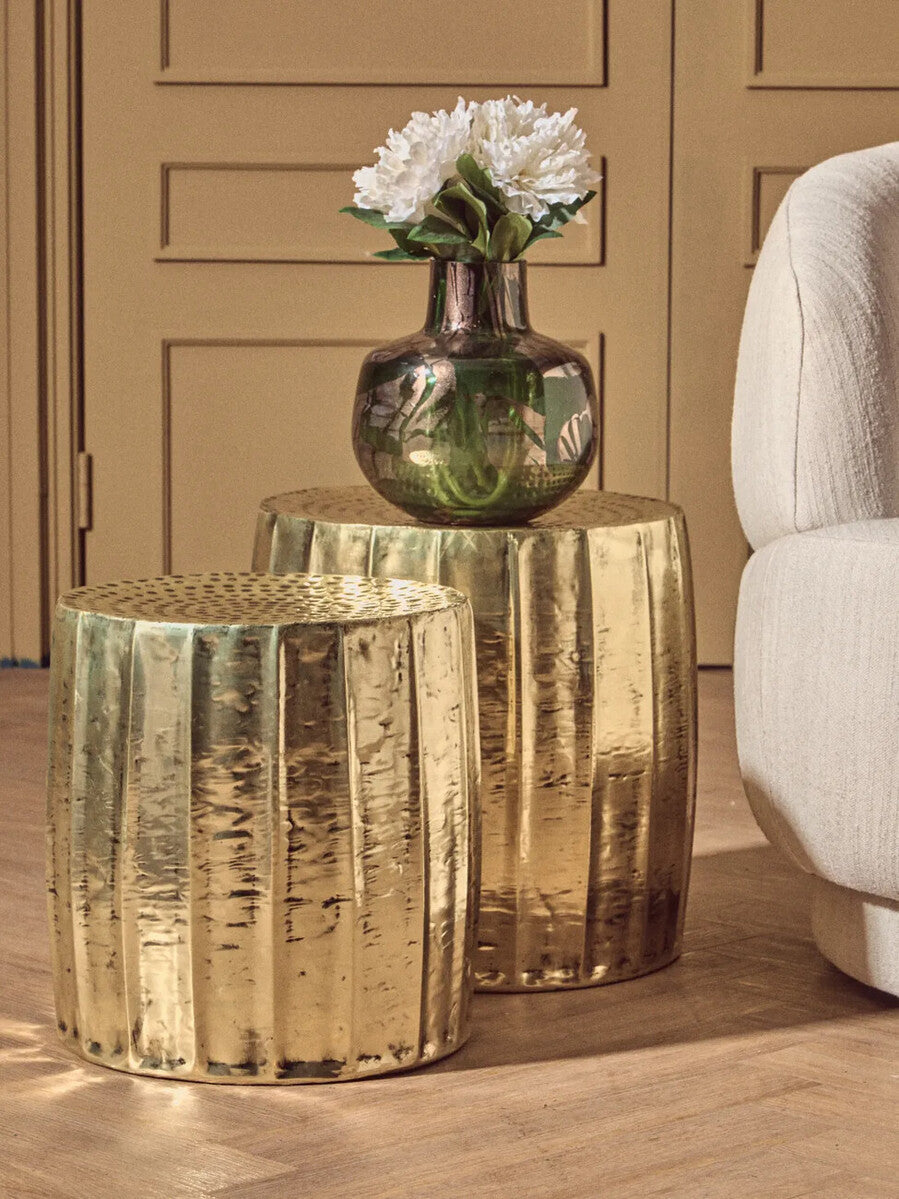 Templar Gold Iron Set of 2 Side Tables and Stools with Hammered Texture