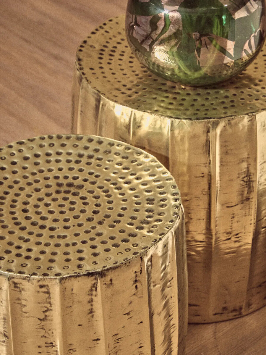Templar Gold Iron Set of 2 Side Tables and Stools with Hammered Texture