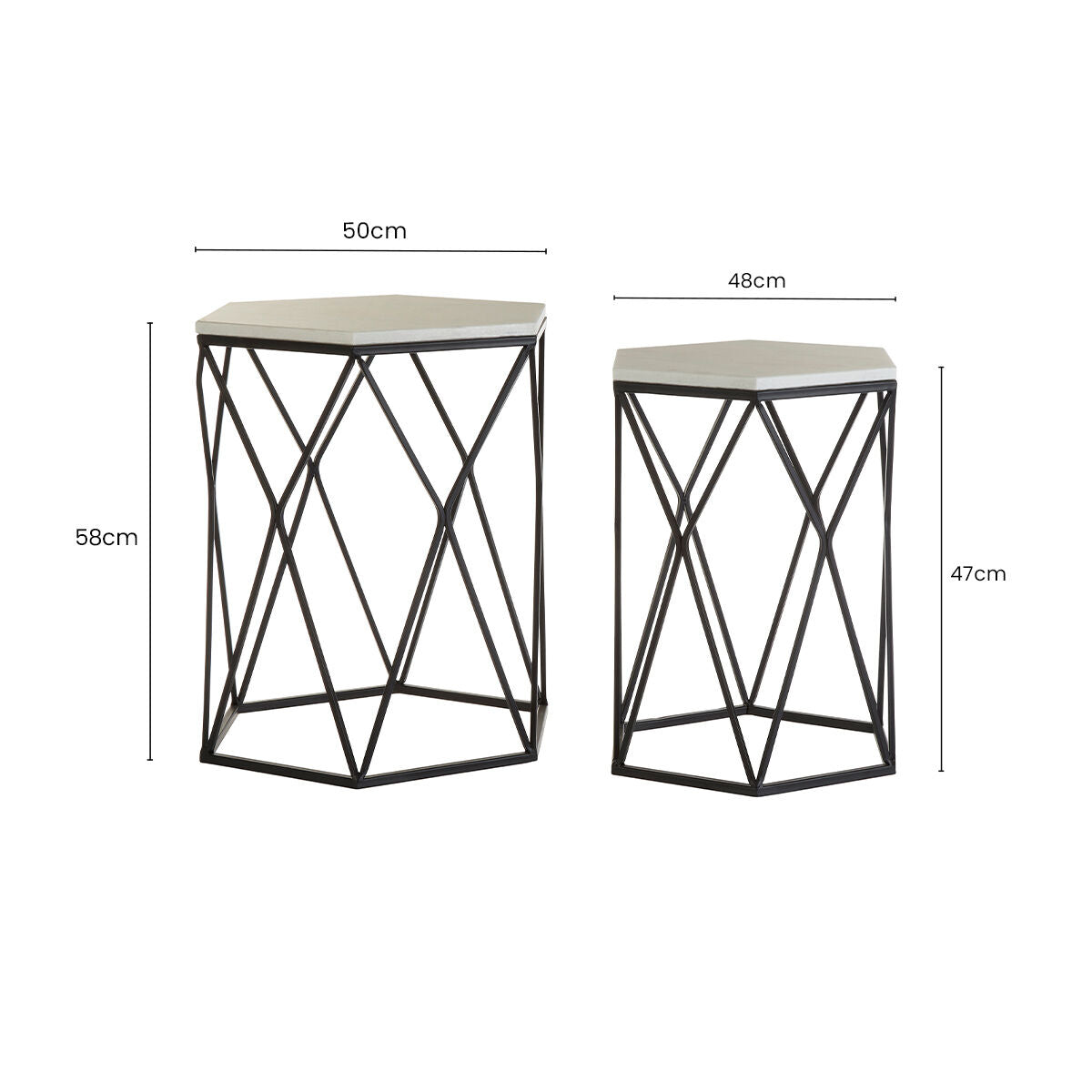 White Marble Top and Black Metal Frame Set of 2 Hexagonal Side Tables, Arcana