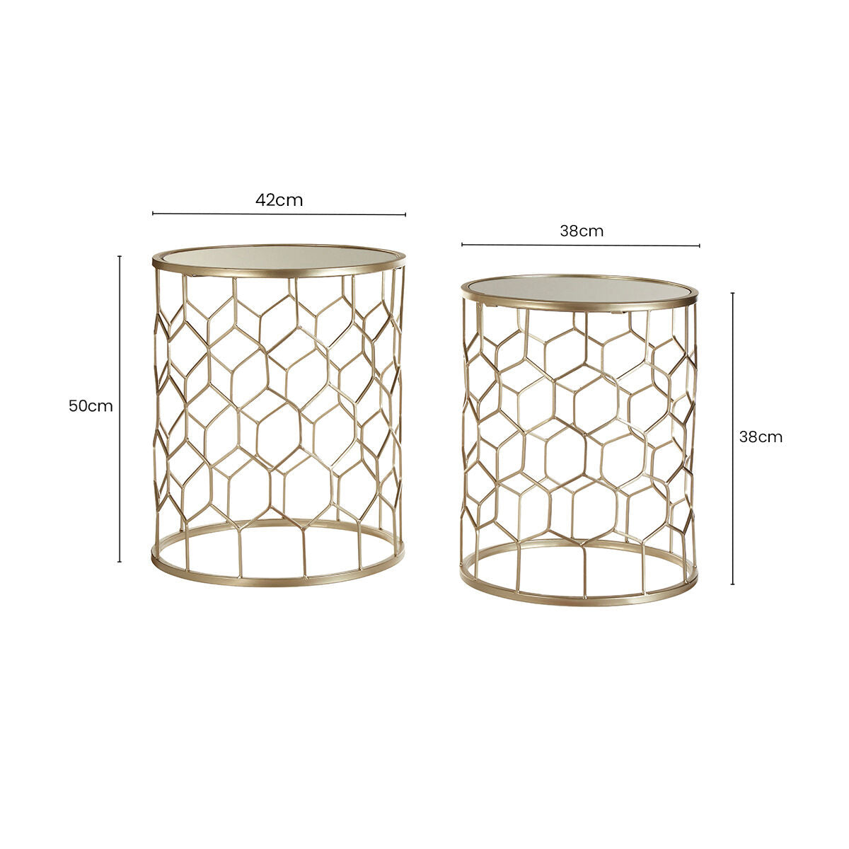 Arcana Champagne Metal Set of 2 Round Side Tables with Honeycomb Base