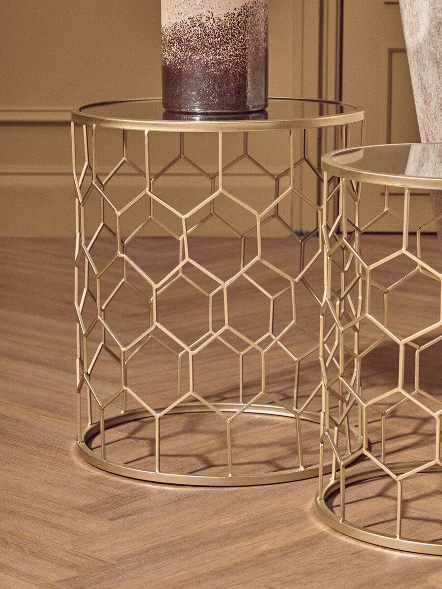 Arcana Champagne Metal Set of 2 Round Side Tables with Honeycomb Base