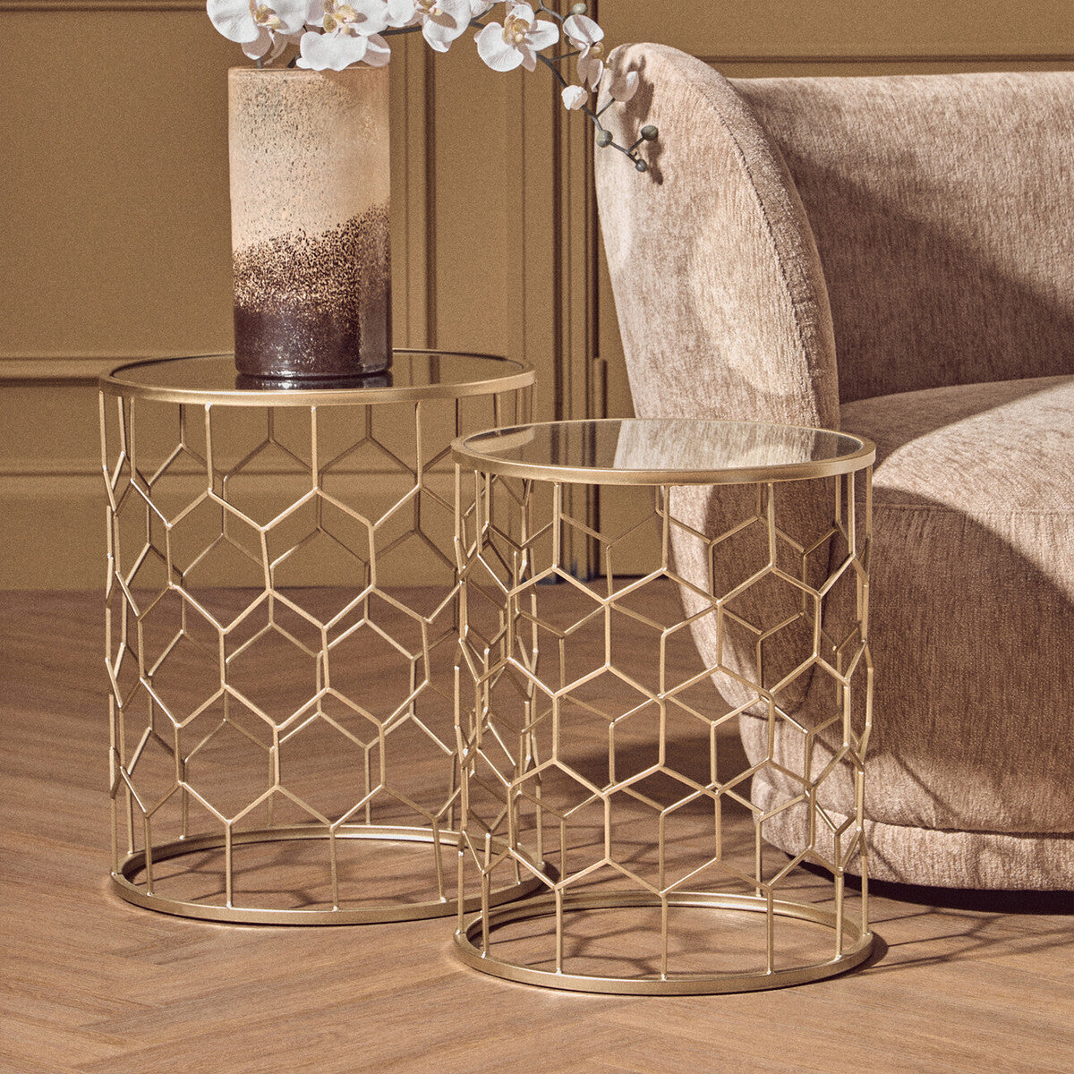 Arcana Champagne Metal Set of 2 Round Side Tables with Honeycomb Base
