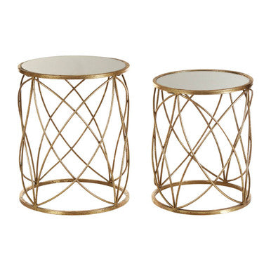 Set of 2 Round Mirrored Glass Top Side Tables with Gold Metal Frame, Arcana