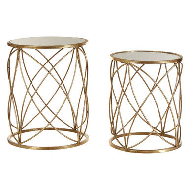 Arcana Gold Metal Set of 2 Round Side Tables with Mirrored Tops