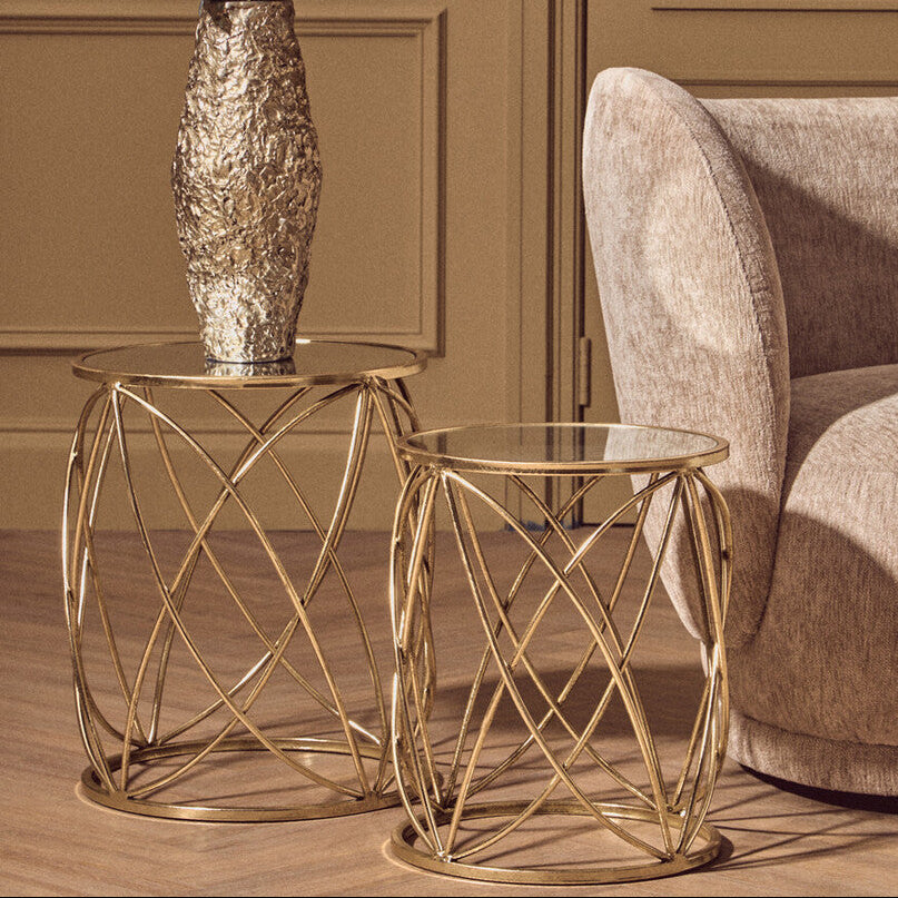 Arcana Gold Metal Set of 2 Round Side Tables with Mirrored Tops