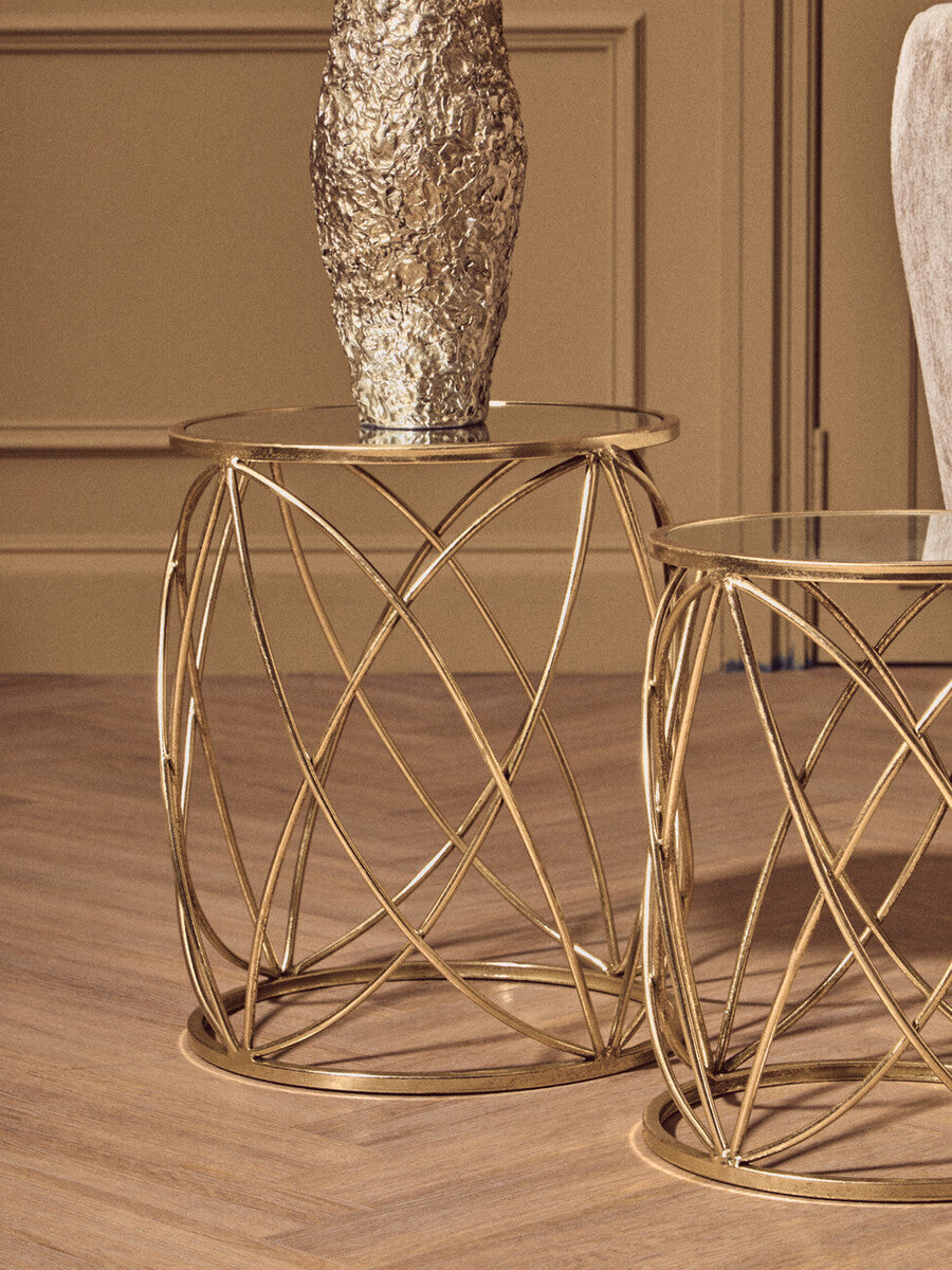Set of 2 Round Mirrored Glass Top Side Tables with Gold Metal Frame, Arcana