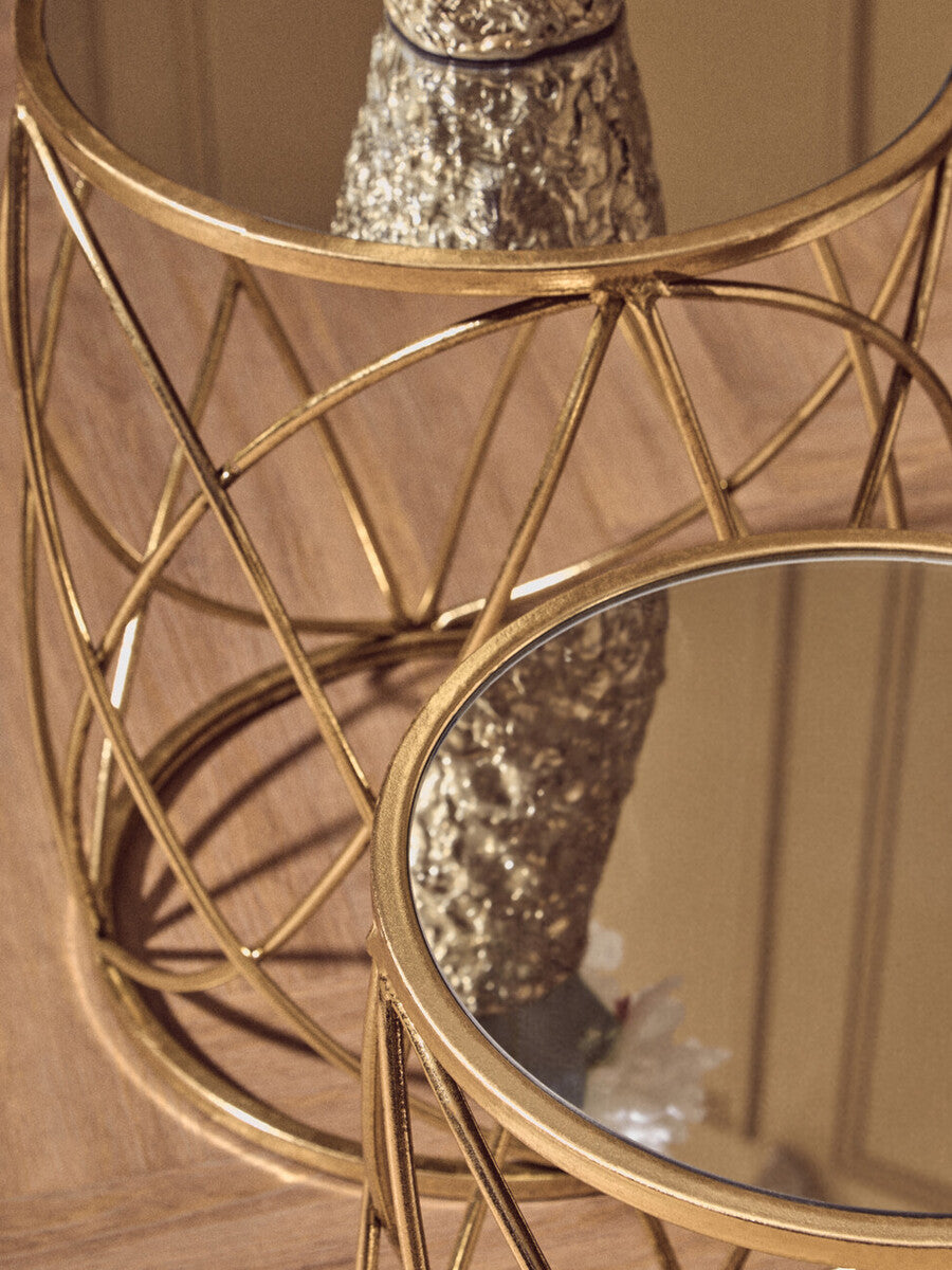 Set of 2 Round Mirrored Glass Top Side Tables with Gold Metal Frame, Arcana