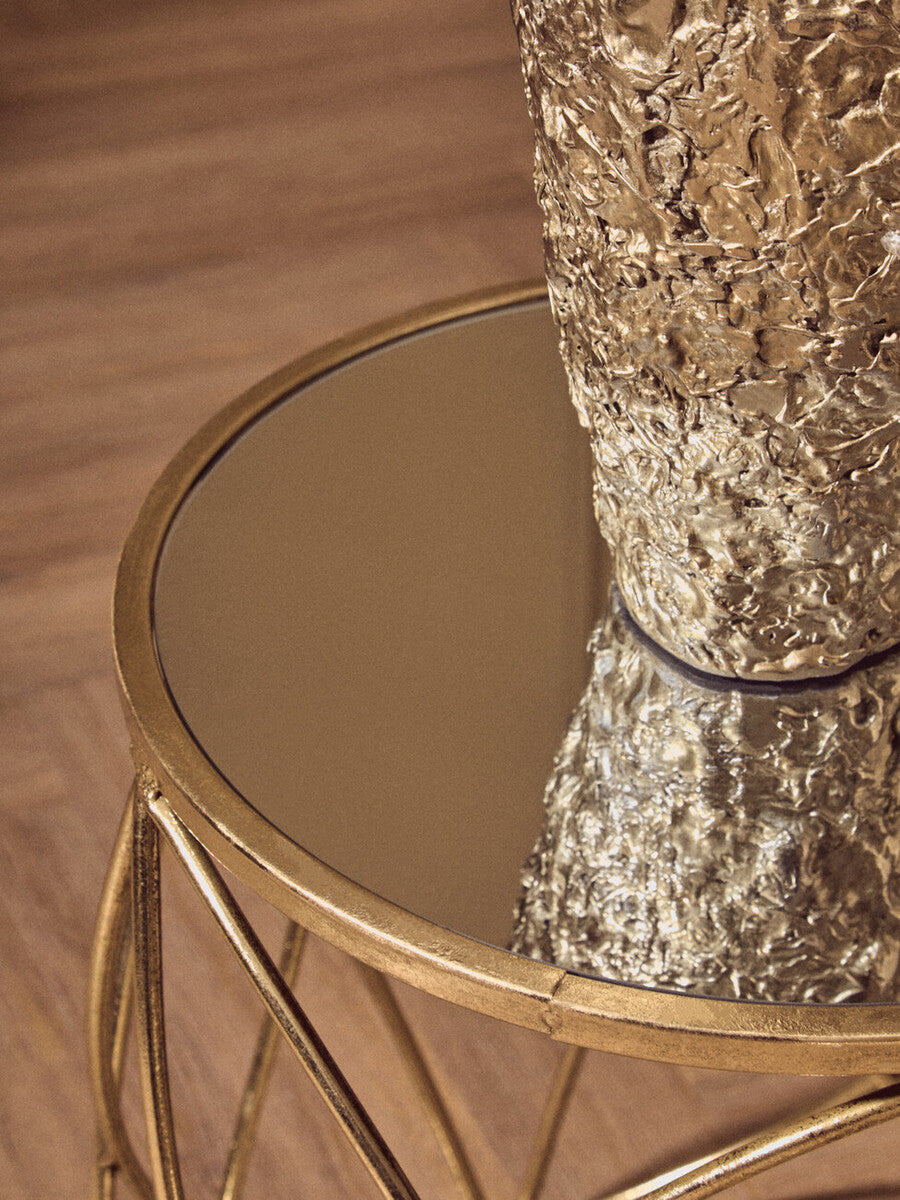 Set of 2 Round Mirrored Glass Top Side Tables with Gold Metal Frame, Arcana
