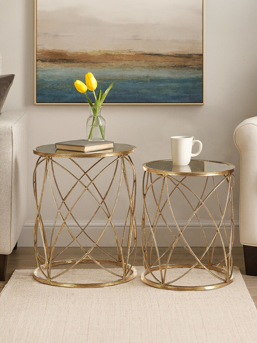 Set of 2 Round Mirrored Glass Top Side Tables with Gold Metal Frame, Arcana