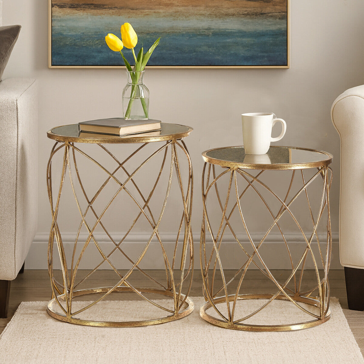 Set of 2 Round Mirrored Glass Top Side Tables with Gold Metal Frame, Arcana