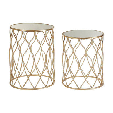 Arcana Champagne Metal Set of 2 Round Side Tables with Mirrored Tops
