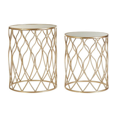 Arcana Champagne Metal Set of 2 Round Side Tables with Mirrored Tops
